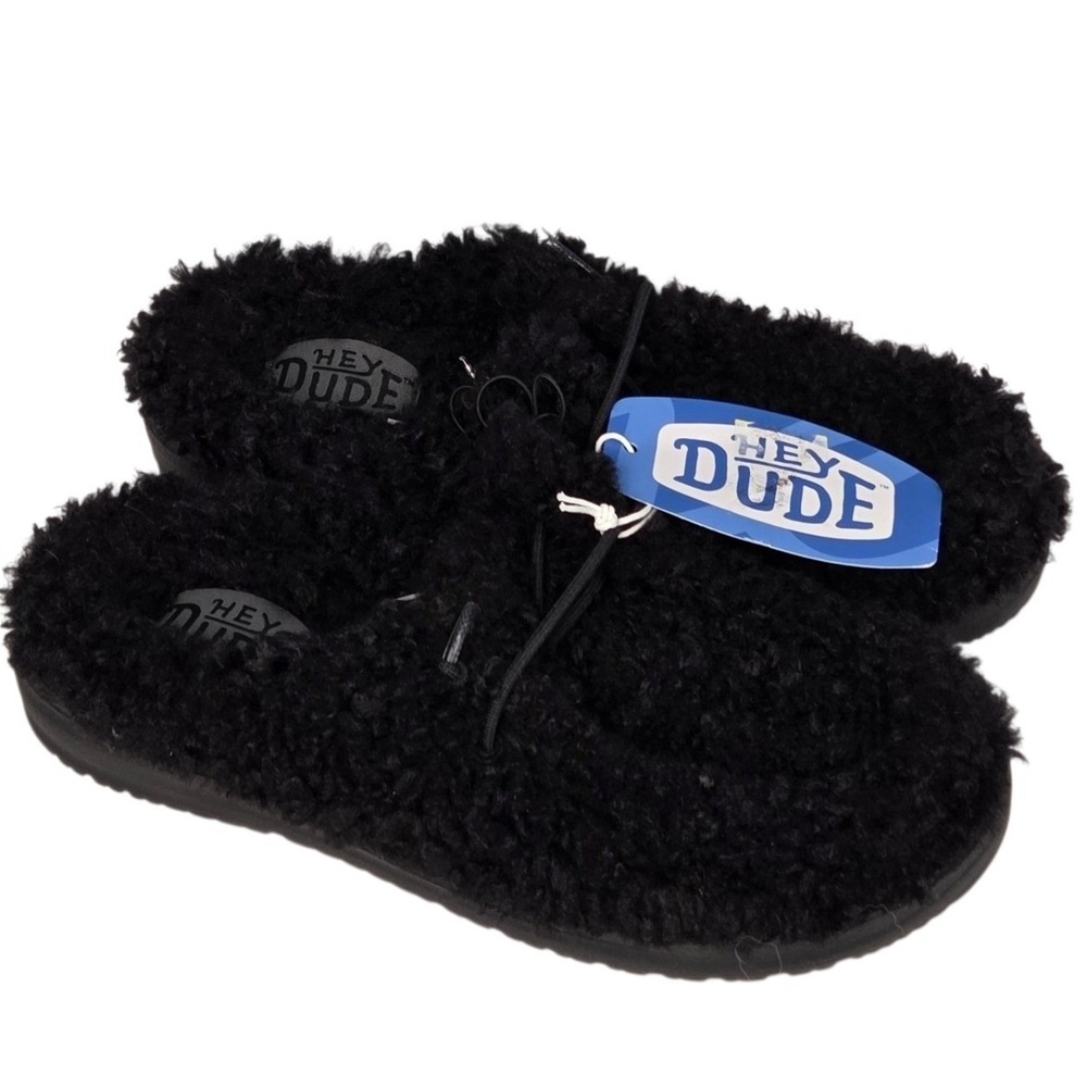 Hey Dude Wendy Slippers Womens 6 Black Sherpa Slip On Shoes Faux Fur NEW